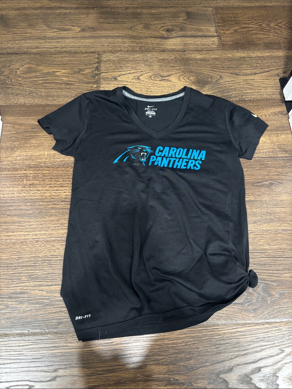 Nike Black Carolina Panthers V‑Neck Tee with Teal Logo